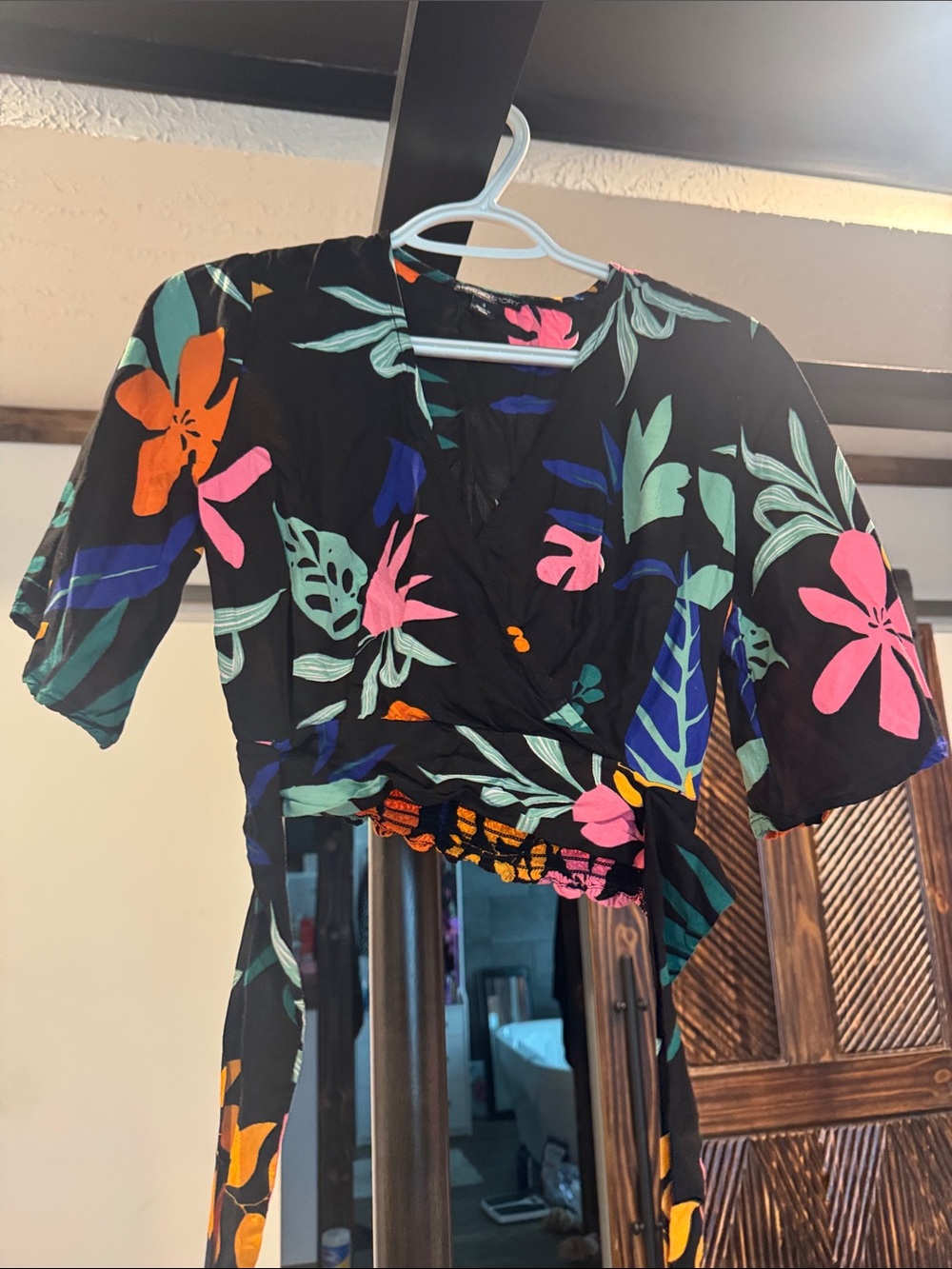 Black Floral Wrap Crop Top with Smocked Waist
